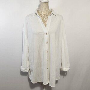 M MAGASCHONI Size XL White Roll Tab Sleeve Button Down Collared Viscose Shirt